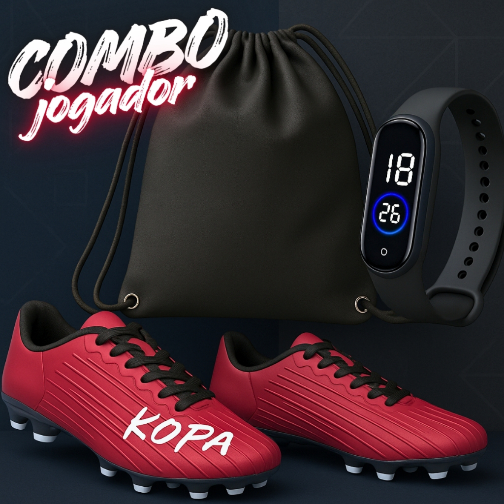 Kit Jogador Relógio e Mochila Chuteira Society Campo Grama Sintética Costurada Reforçada Confortável