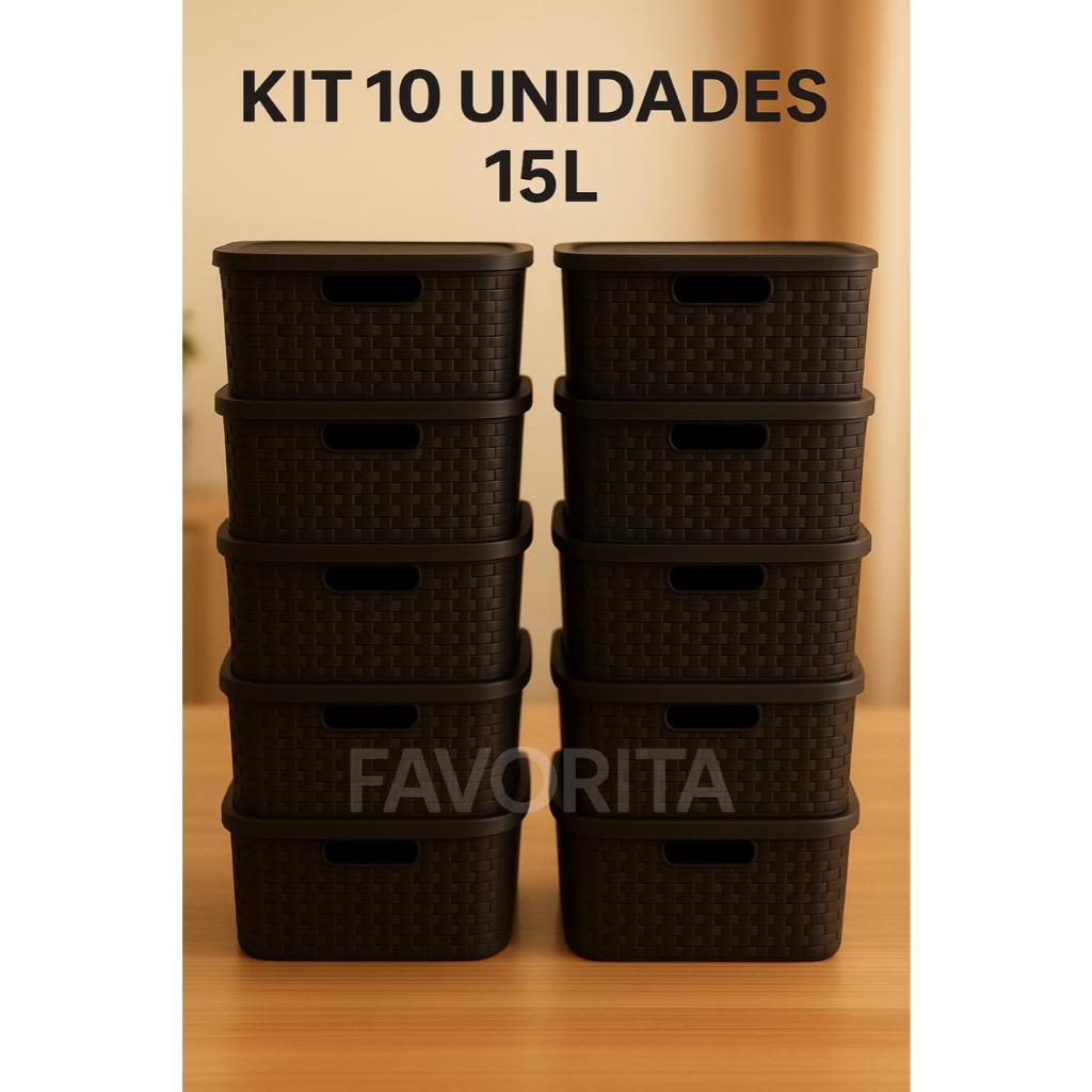 Kit Com 10 Cestos Caixas Organizadoras Rattan Com Tampa 15 Litros Preto -  TOY 25593 em Oferta na Shopee