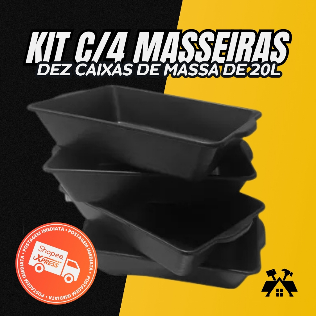 Caixa de Massa Plástica 20L Construção Resistente Lavável Masseira Caçamba Concreto Cimento Kit 4 Unidades