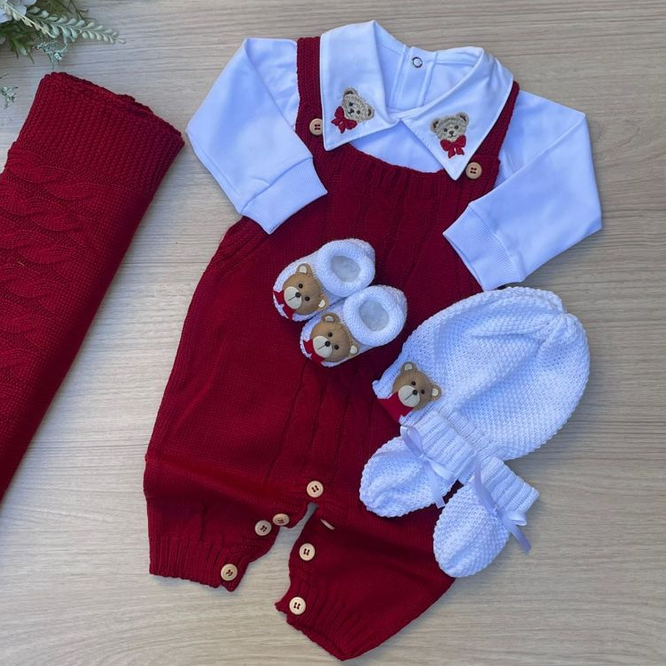 Saída de Maternidade Tricot Ursinho Gravata – Kit Completo com Macacão, Body, Manta, Gorro, Luvas e Sapatinhos — imagem 2 de 2