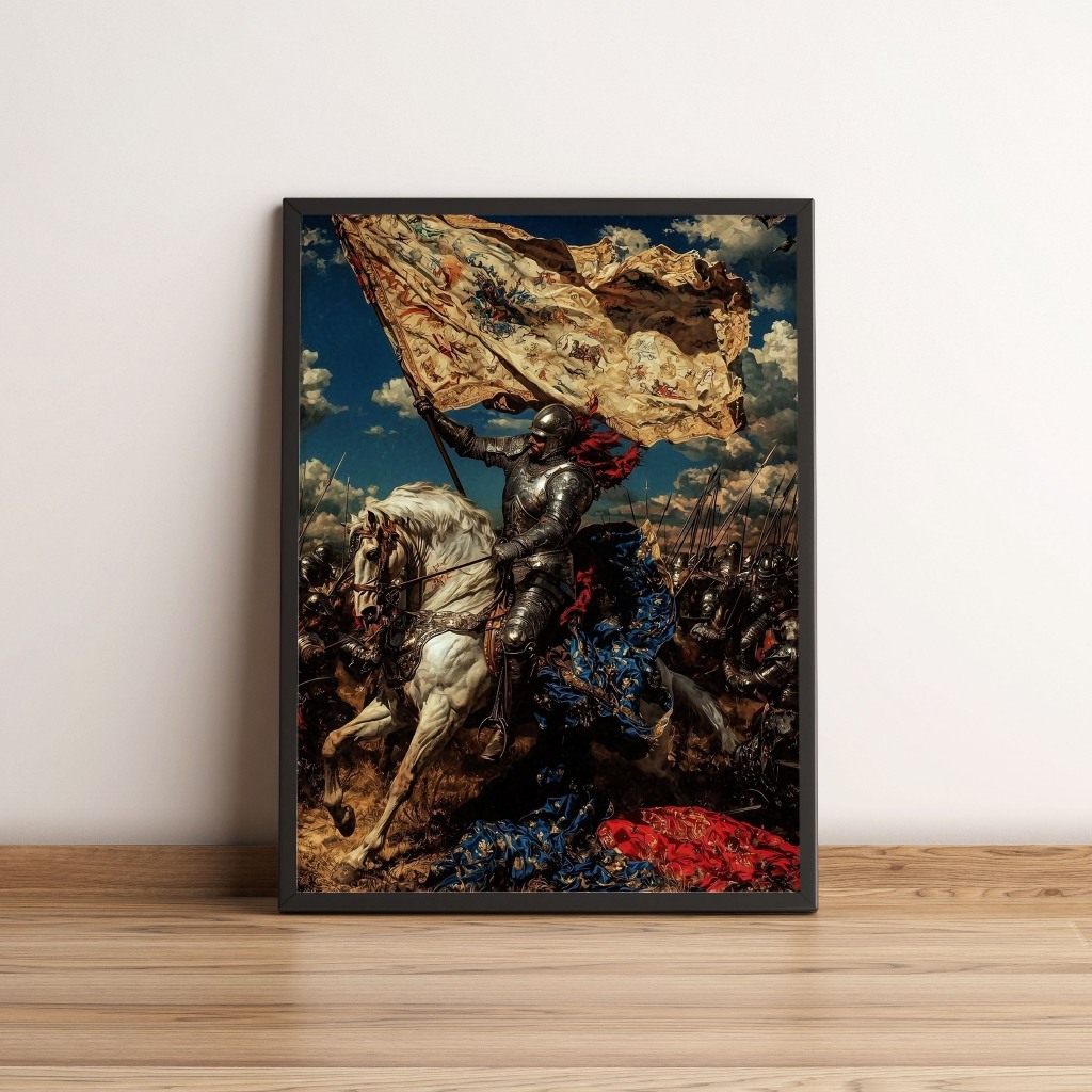 Quadro Cavaleiro Medieval Liderando Exército em Batalha 3412