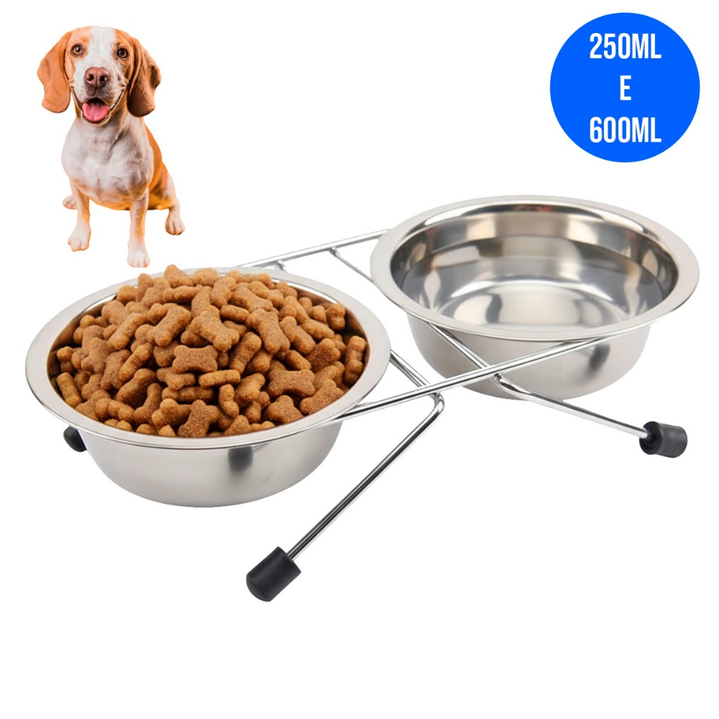 Comedouro Duplo de Inox com Suporte Antiderrapante para Cães e Gatos