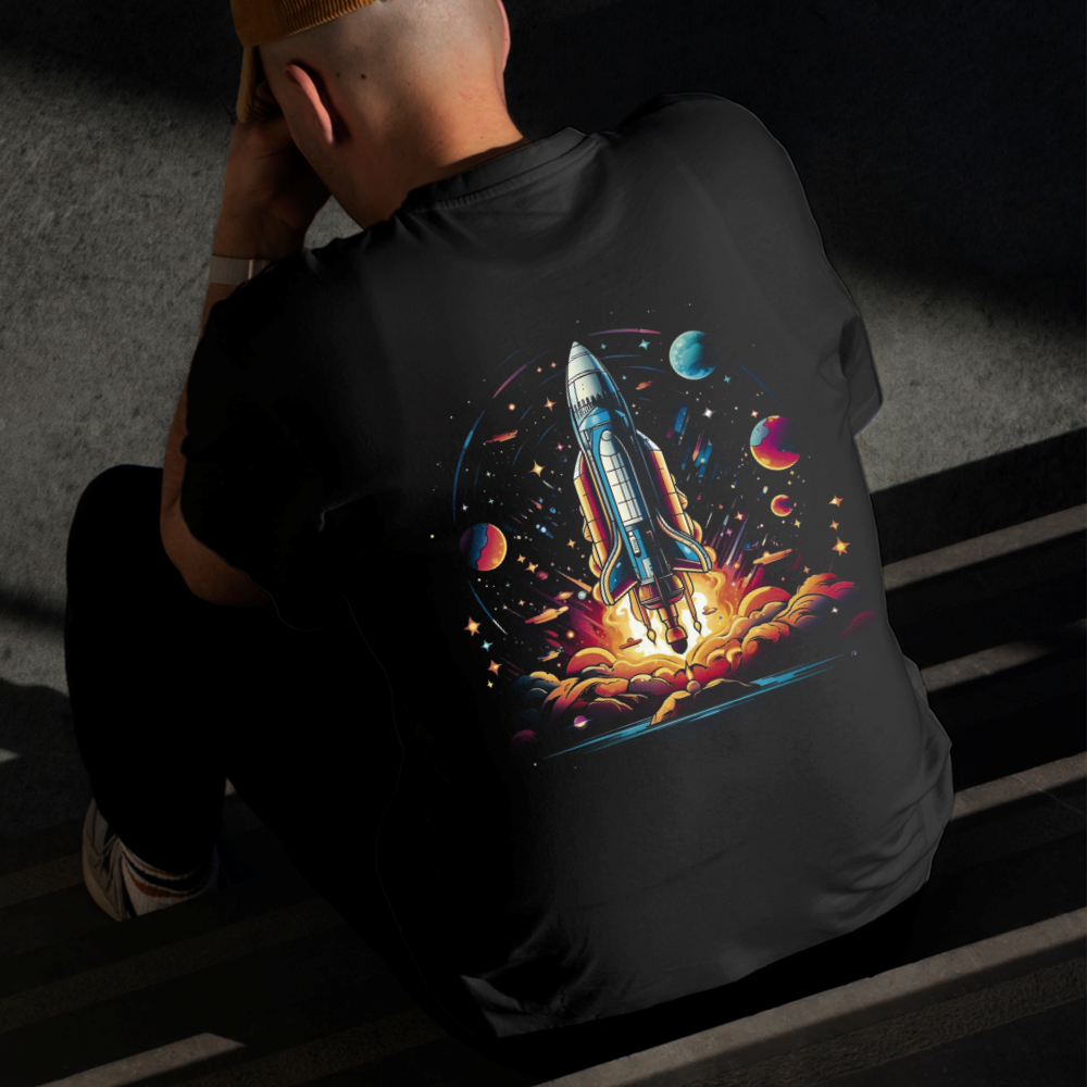 Camiseta Masculina Estampada Foguete Espacial 100% Algodão Estilo Conforto Diário Do Tamanho P ao GG