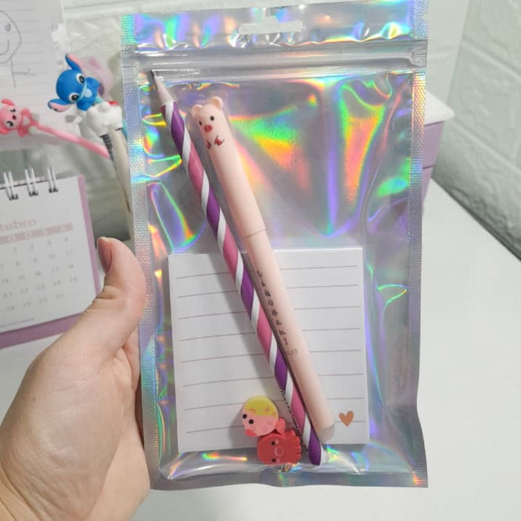 Kit Papelaria Fofa, Caneta, Lápis, Bloco de Notas e Borrachas - Papelaria