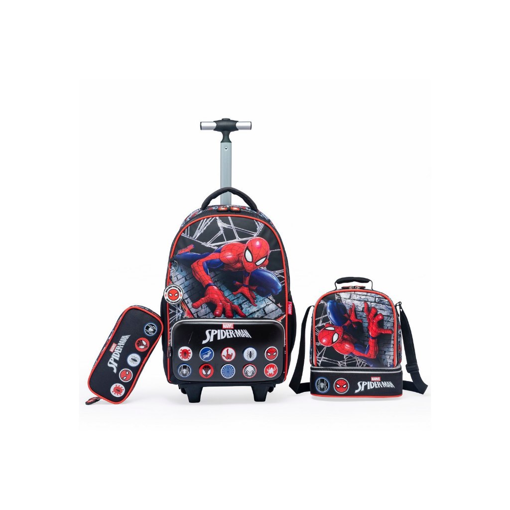 Kit Mochila Spider Man Rodinha Estojo Lancheira Escolar Marvel Infantil