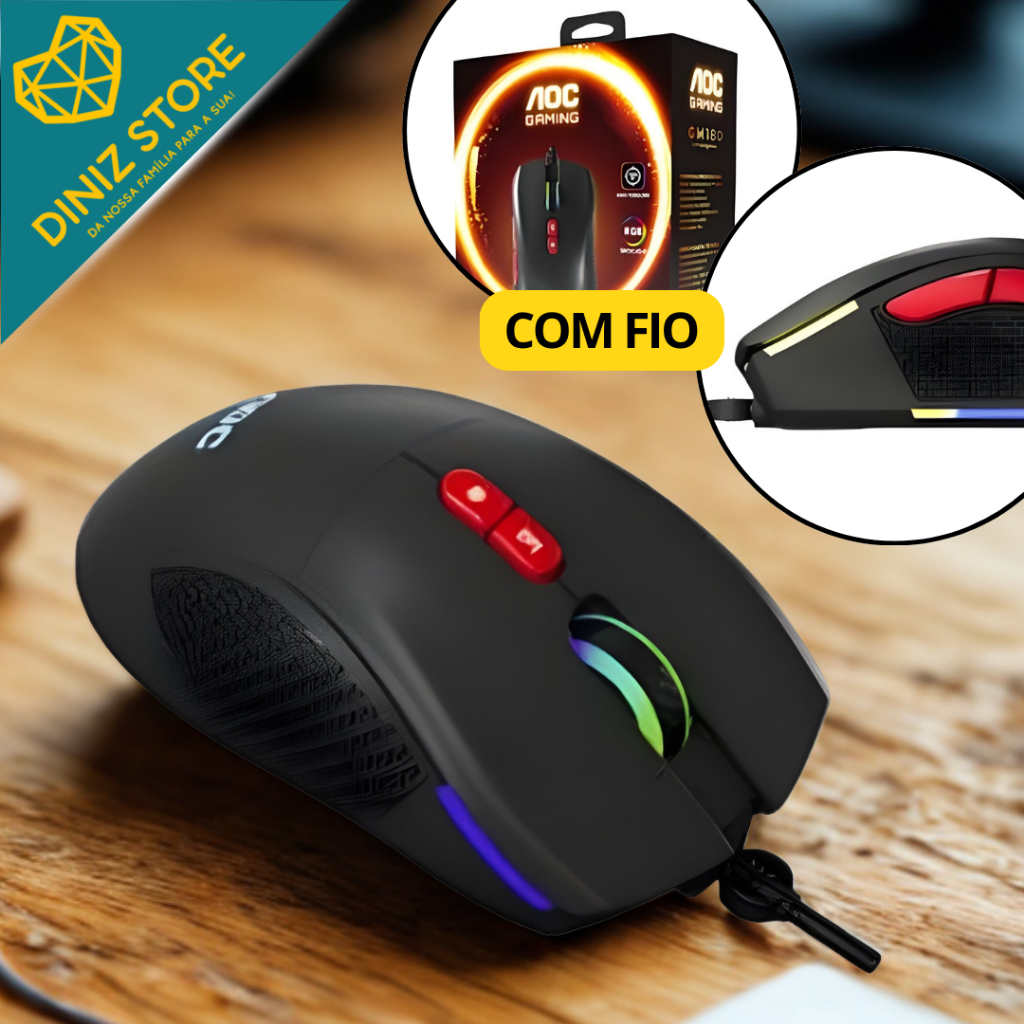 Mouse com Fio 7200 DPI AOC RGB Precisão Velocidade Estilo Gamer