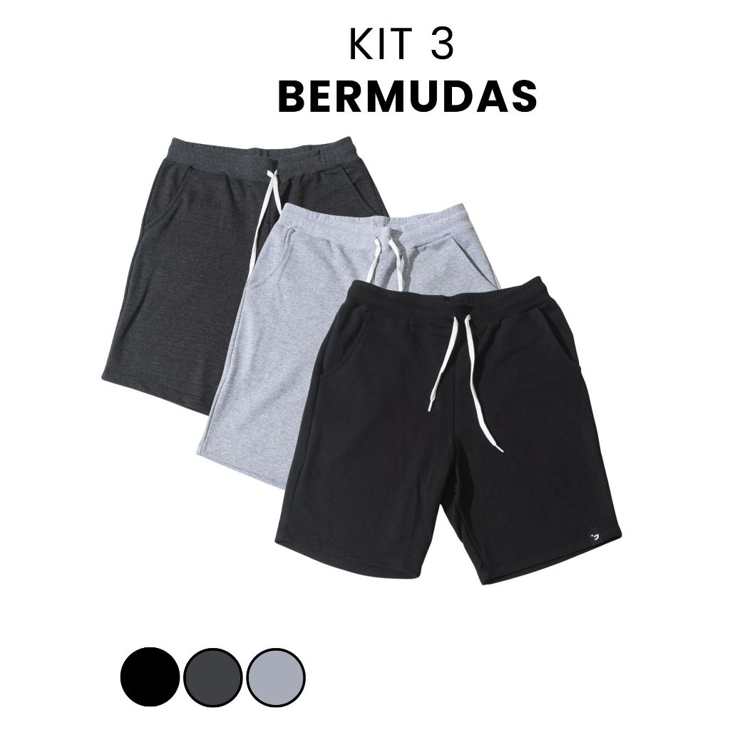 Kit 3 Bermudas Masculinas Moletom Com Bolso Casual Dia a Dia