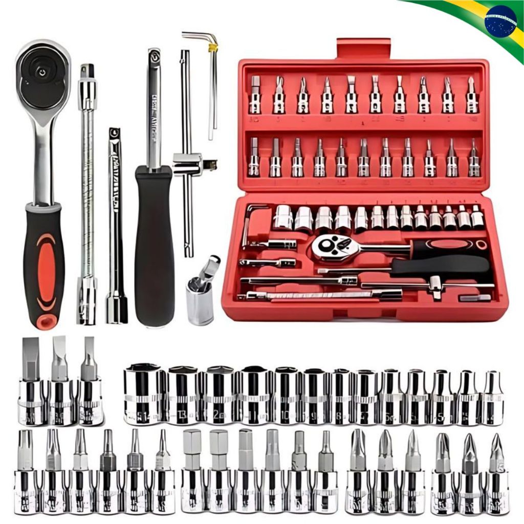 Jogo de Soquete  Kit de Ferramentas 46pçs Catraca Reversível Maleta de Ferramentas Completa