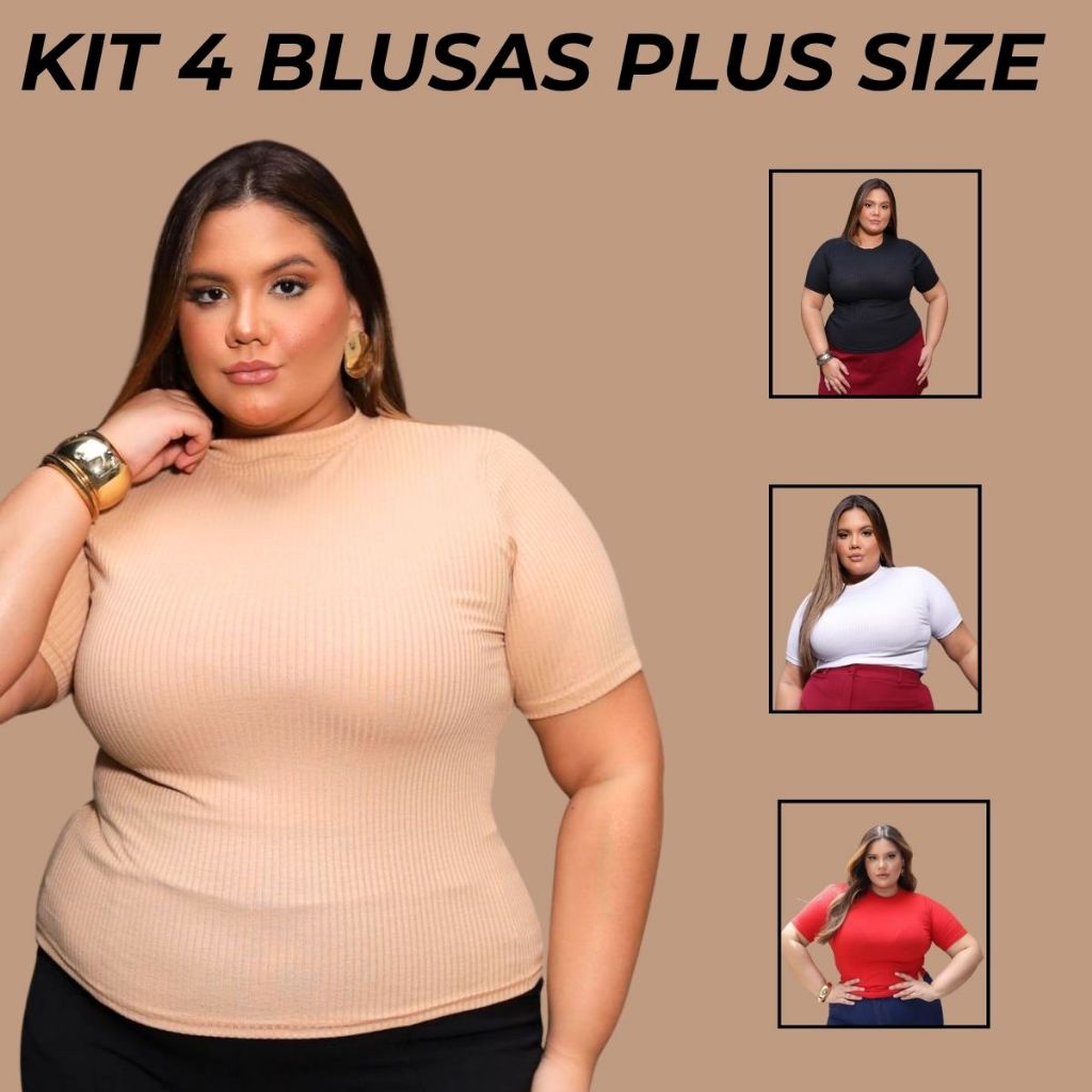Kit 4 Blusas Plus Size Feminina Gola Alta Caneladinho Premium  Estilosa Malha Elegante Basica Casual em Oferta na Shopee