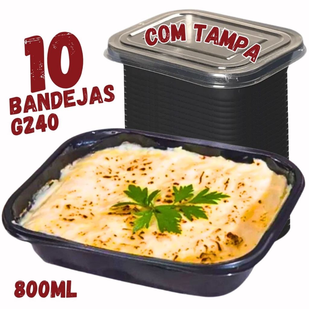 10 Bandejas Forneavel Com Tampa 800Ml Embalagem G240 Kit