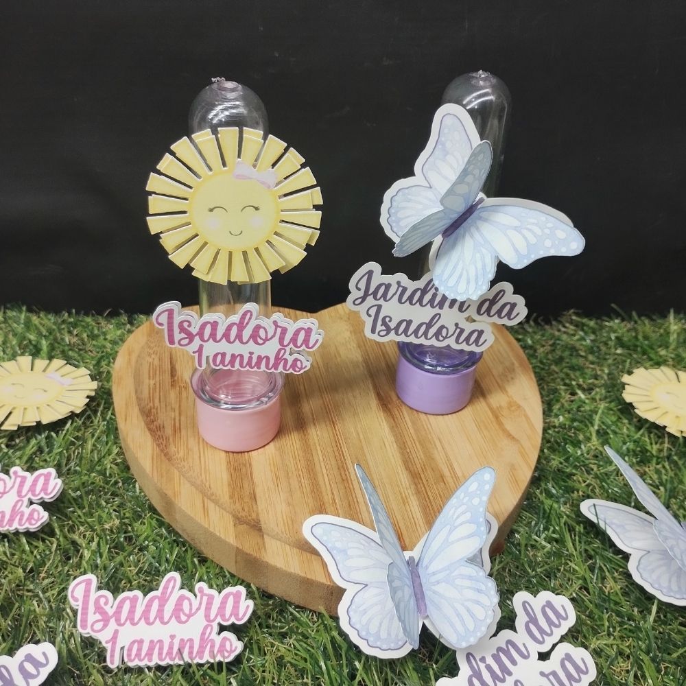 Apliques Personalizados Jardim Encantado – Sol e Borboleta 3D para Lembrancinhas, Tubetes e Festas Infantis