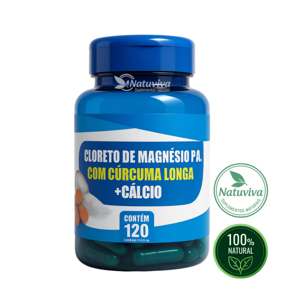 Suplemento Cloreto de Magnésio P.A. + Cúrcuma Longa + Cálcio | Suporte Muscular e Articular | 120 cáps 500mg - Natuviva
