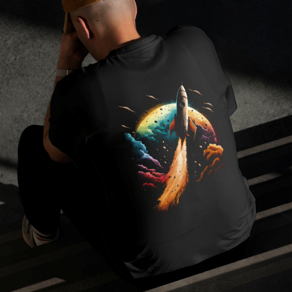 Camiseta Masculina Estampada Foguete Espacial 100% Algodão Estilo Conforto Diário Do Tamanho P ao GG