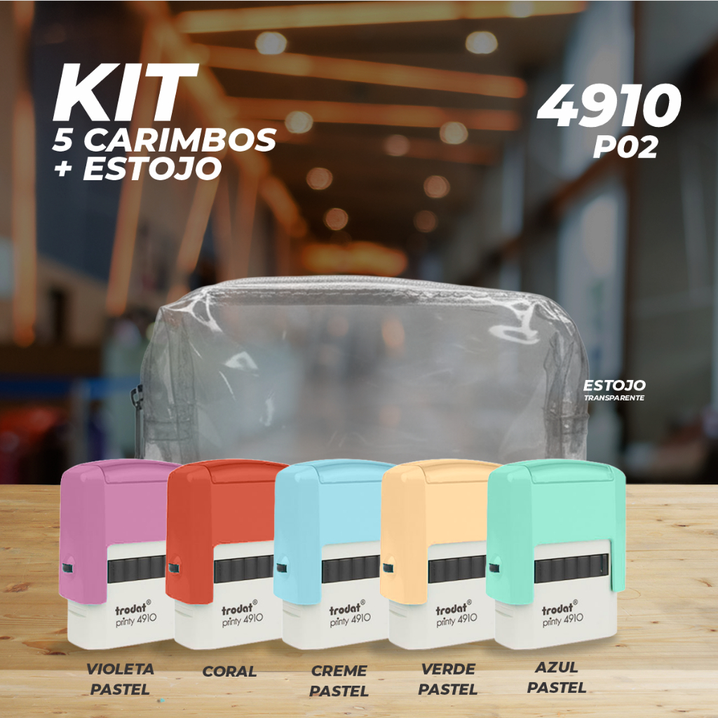 KIT CARIMBO 4910 P02 TRODAT-PASTEL-VIOLETA-ROSA-VERDE-AZUL-CREME+ESTOJO