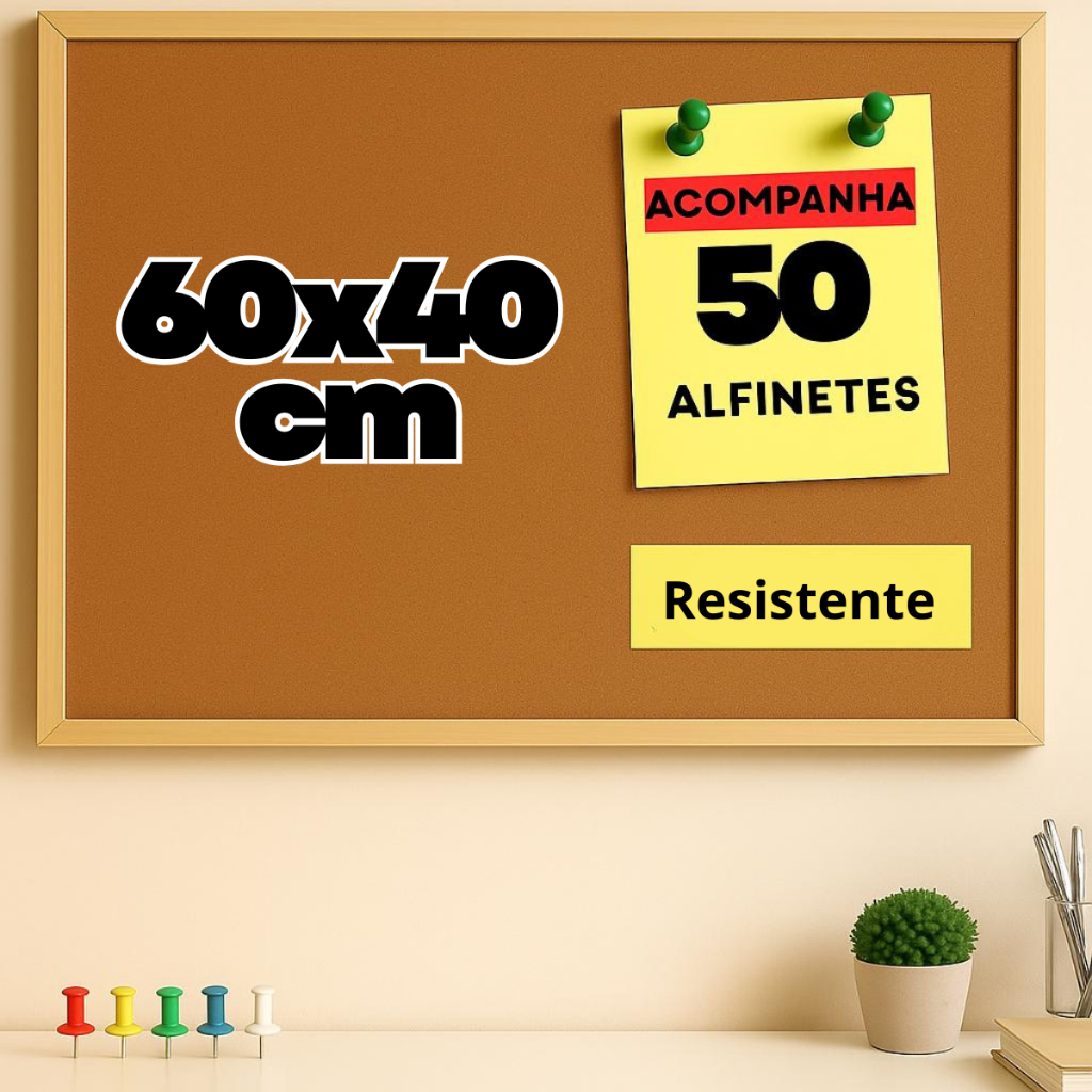 Quadro de Cortiça 60x40 com Moldura de Madeira Aviso Lembrete Anotação Estudo Inclui 50 Alfinetes