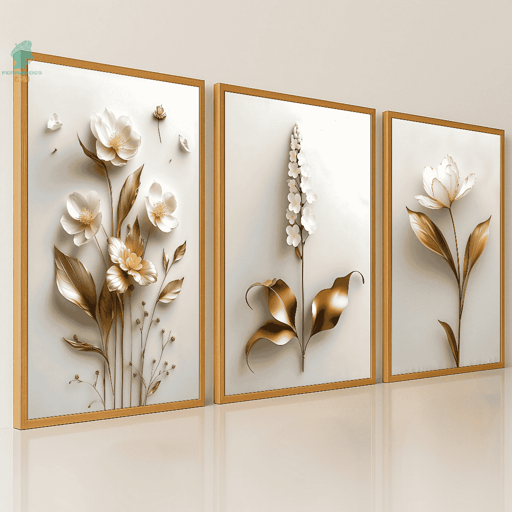 Quadros Decorativos Trio Flor Branca com Dourada Abstrato Luxo Sala Quarto em Oferta na Shopee