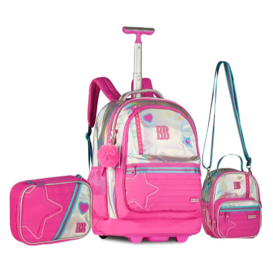 Kit Mochila Rodinha Holográfica Rebecca Bonbon Costas + Lancheira + Estojo Rosa ou Roxa