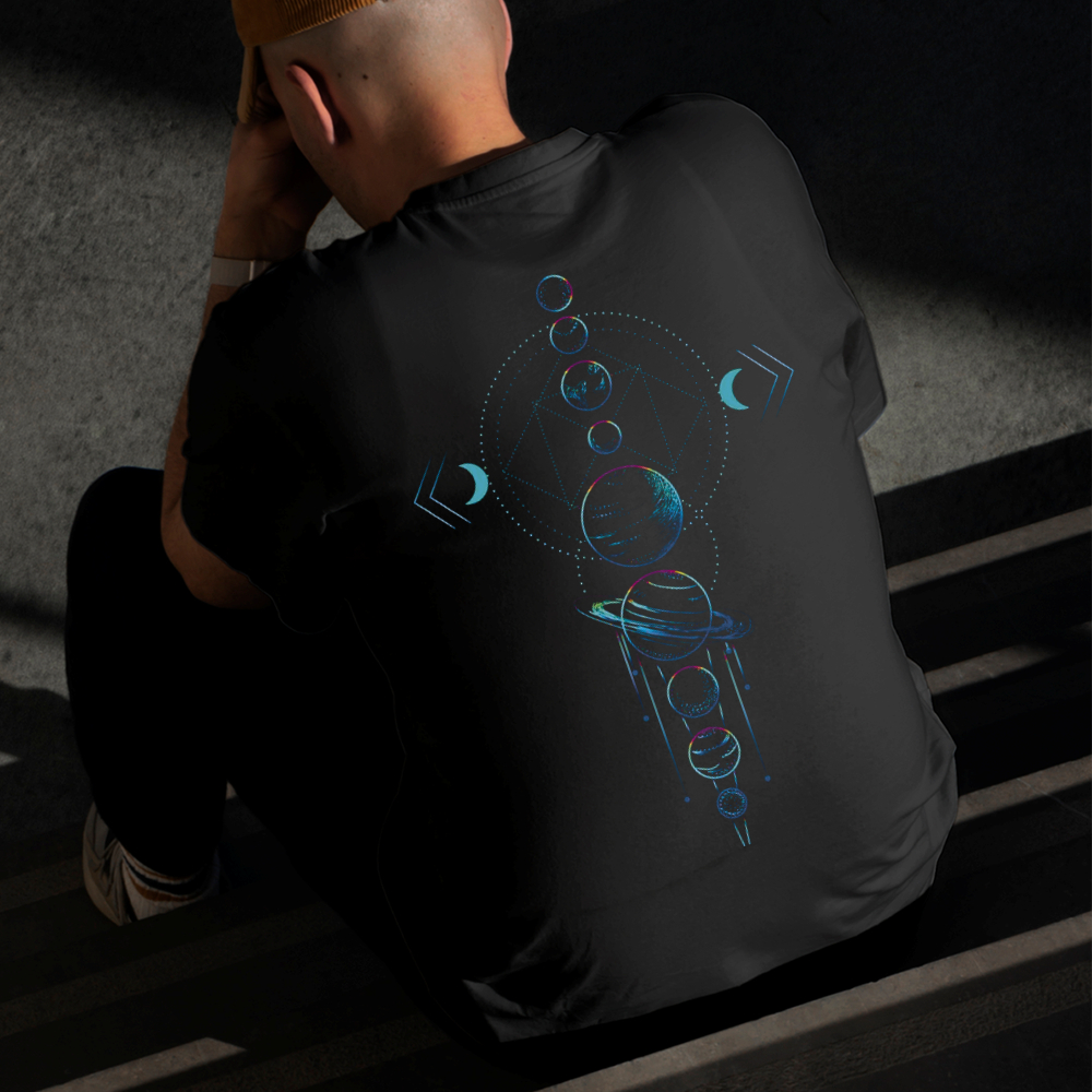 Camiseta Masculina Estampada Planetas Azul 100% Algodão Estilo Conforto Diário Do Tamanho P ao GG