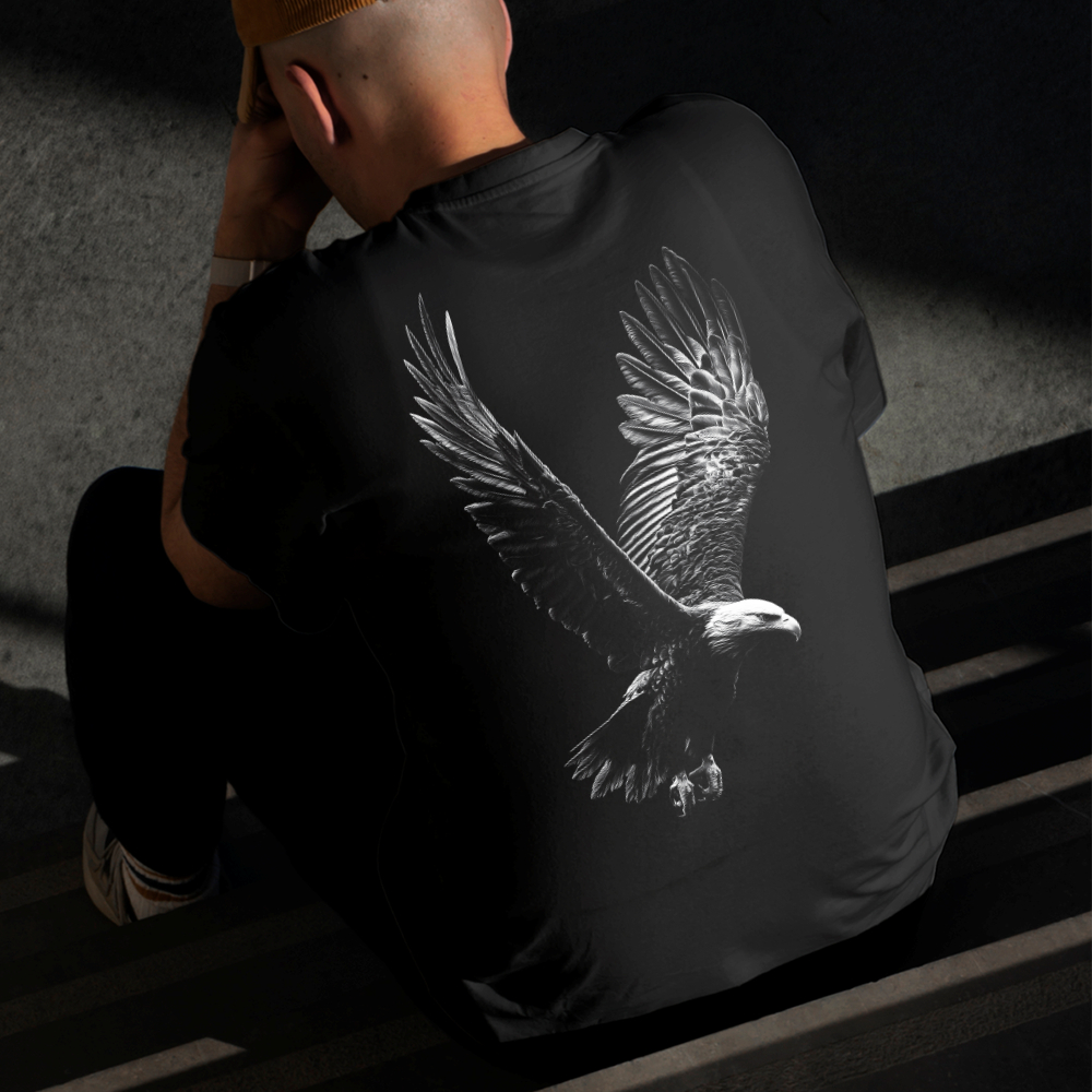 Camiseta Masculina Estampada Águia Preto e Branco Algodão Estilo Conforto Diário Do Tamanho P GG
