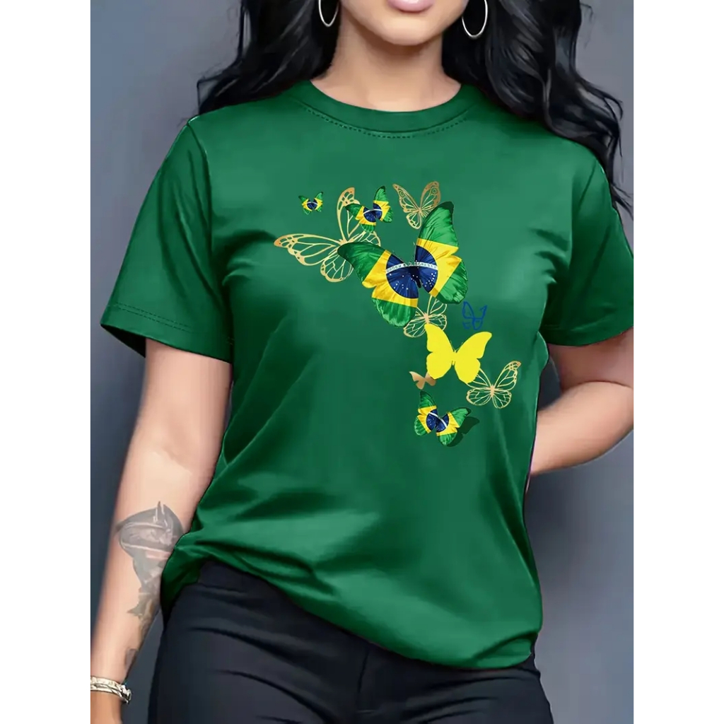 CAMISETA FEMININA ALGODÃO100% ESTILOSA E VERSATIL BOBOLETAS DO BRASIL TENDENCIA