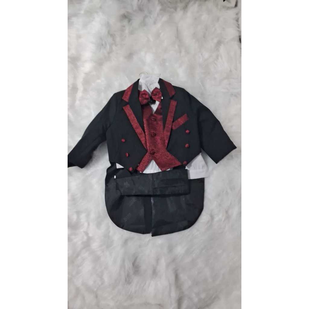 kit terno smoking infantil de 1 a 2 anos, preto com vermelho infomação na descrição
