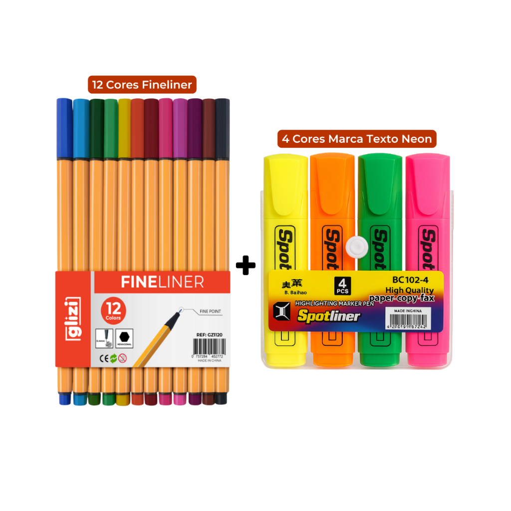 Kit Criativo Canetas Coloridas Ponta Fina 24 Cores + Marca Texto Neon 4 Corers em Oferta na Shopee