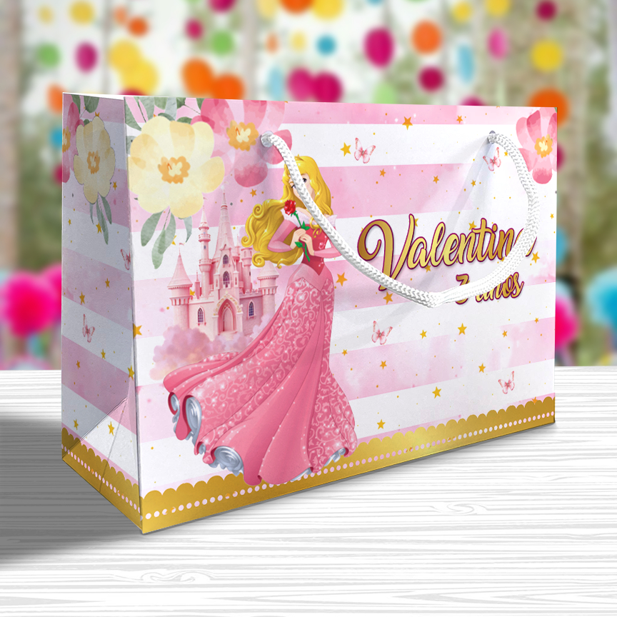 Sacolinha Bela Adormecida Personalizada Festa Lembrancinha Kit Festa Princesa Aurora Princesas Rosa Sacola Deitada Reta