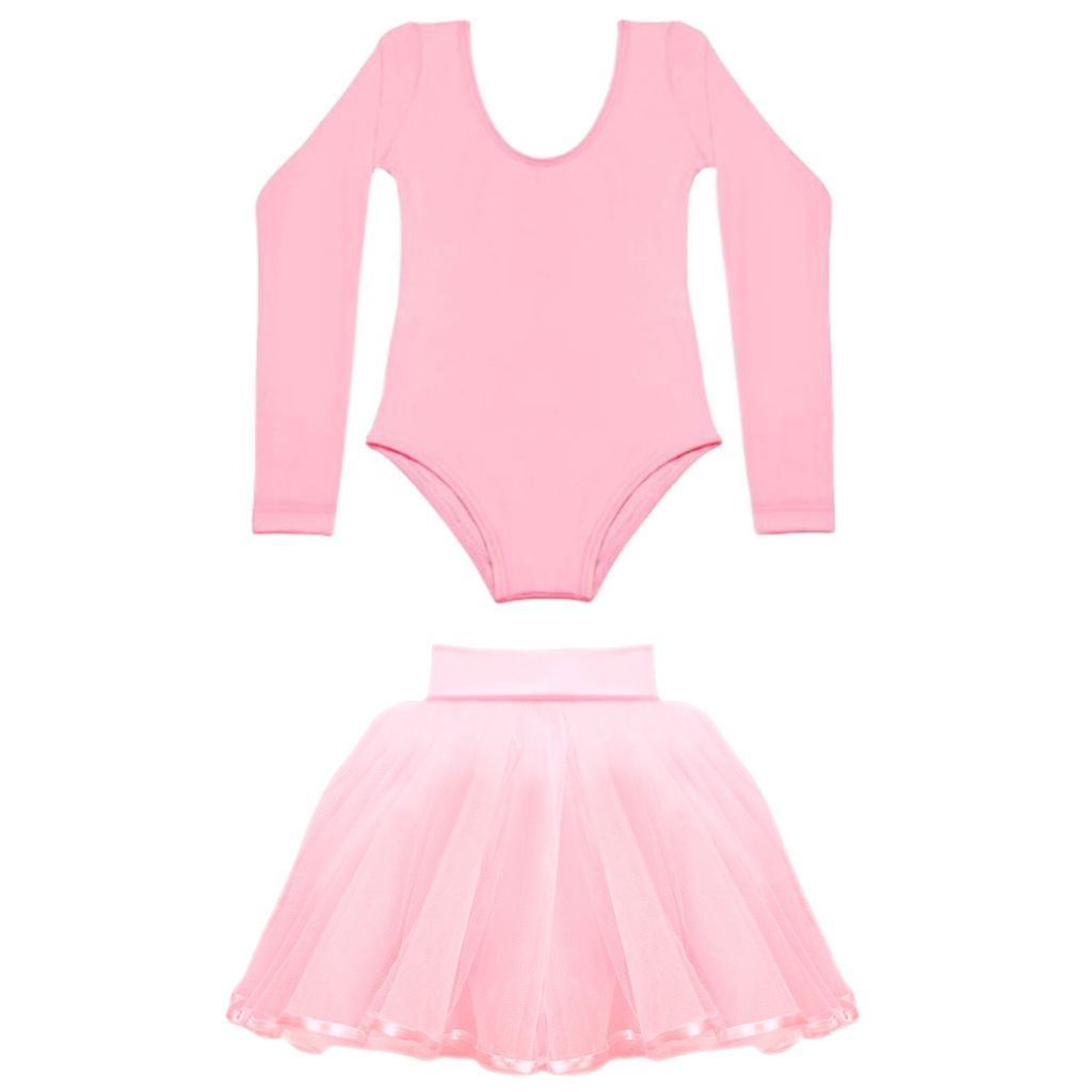 Conjunto Rosa 2 Itens Infantil Ballet: Collant Manga Longa + Saia Tulle
