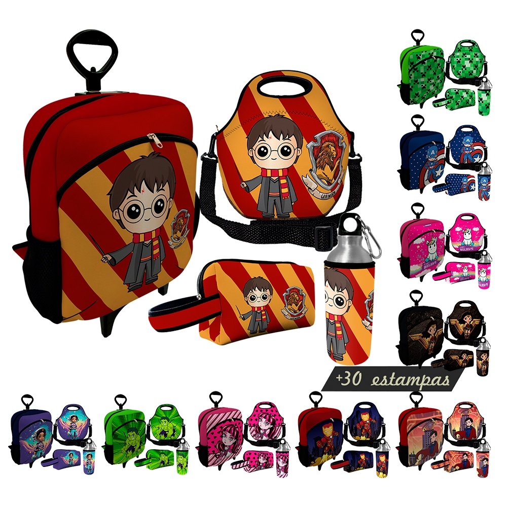 Kit Mochila Escolar Infantil Carrinho Rodinhas Lancheira Com Alça Estojo + Squeeze Menino Menina