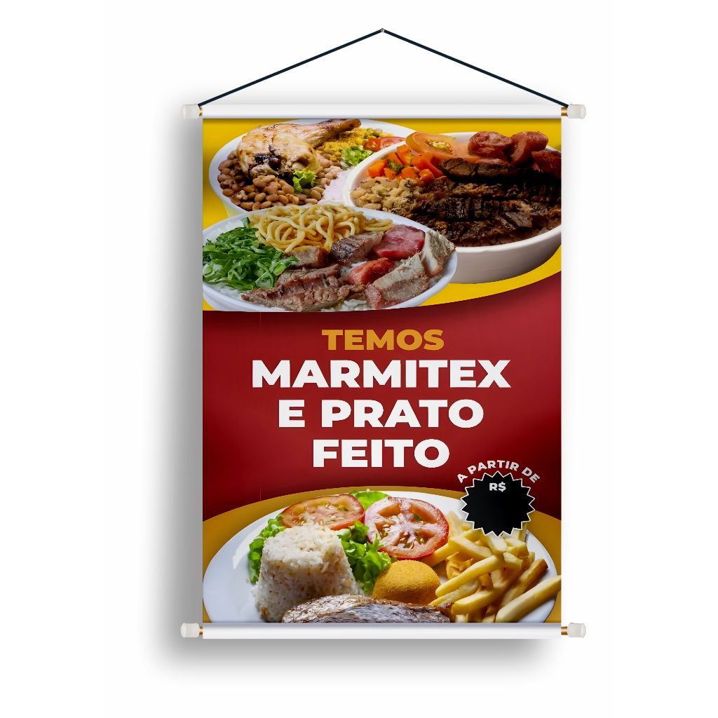 BANNER LONA ARTE PRONTA - TEMOS MARMITEX E PRATO FEITO em Oferta na Shopee