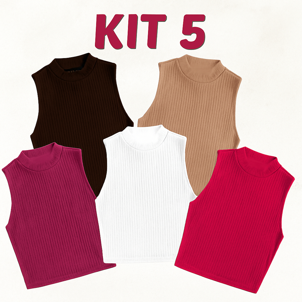 Kit 5 Cropped Regata Feminino Gola Alta Canelado Blogueira Proteção UV50+ Toque Poliamida