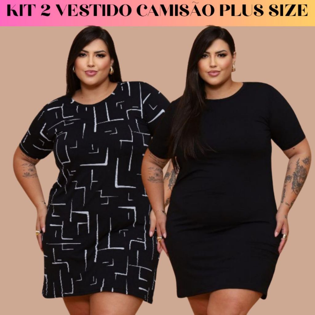 Kit com 2 vestidos Camisão Plus Size Curto camisetão curvy Vestido Tubinho Básico Plus Sise Verão em Oferta na Shopee