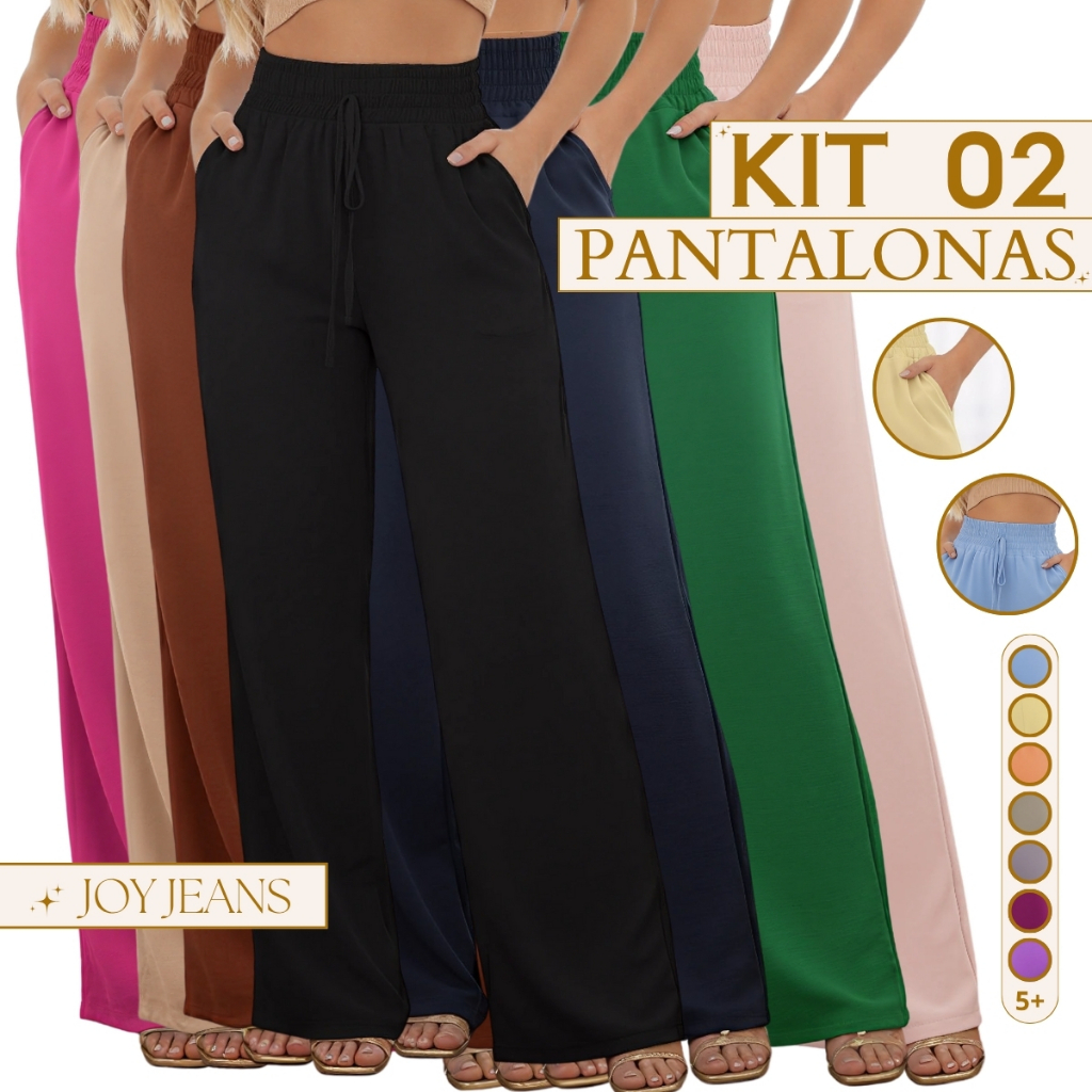 Kit 2 Calça Pantalona Feminina Cintura Alta Com Bolso Funcional Duna