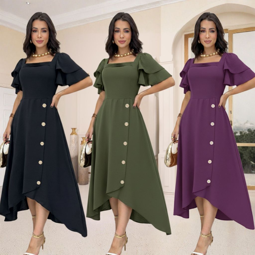 . Vestido Elegante Lançamento Manga Babado Festa Casual Midi Assimétrico Botões em Oferta na Shopee