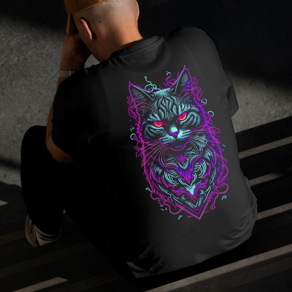 Camiseta Masculina Estampada Gato Roxo 100% Algodão Estilo Conforto Diário Do Tamanho P ao GG