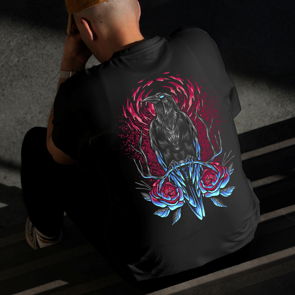Camiseta Masculina Estampada Corvo e Rosas 100% Algodão Estilo Conforto Diário Do Tamanho P ao GG