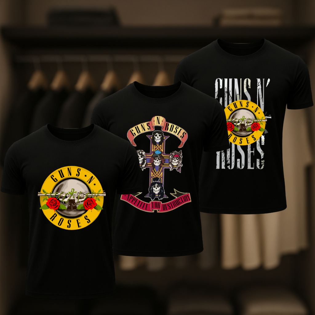Kit 3 Camisetas Masculina e Feminina Casual Guns N' Roses Camisa 100% Algodão Malha Premium