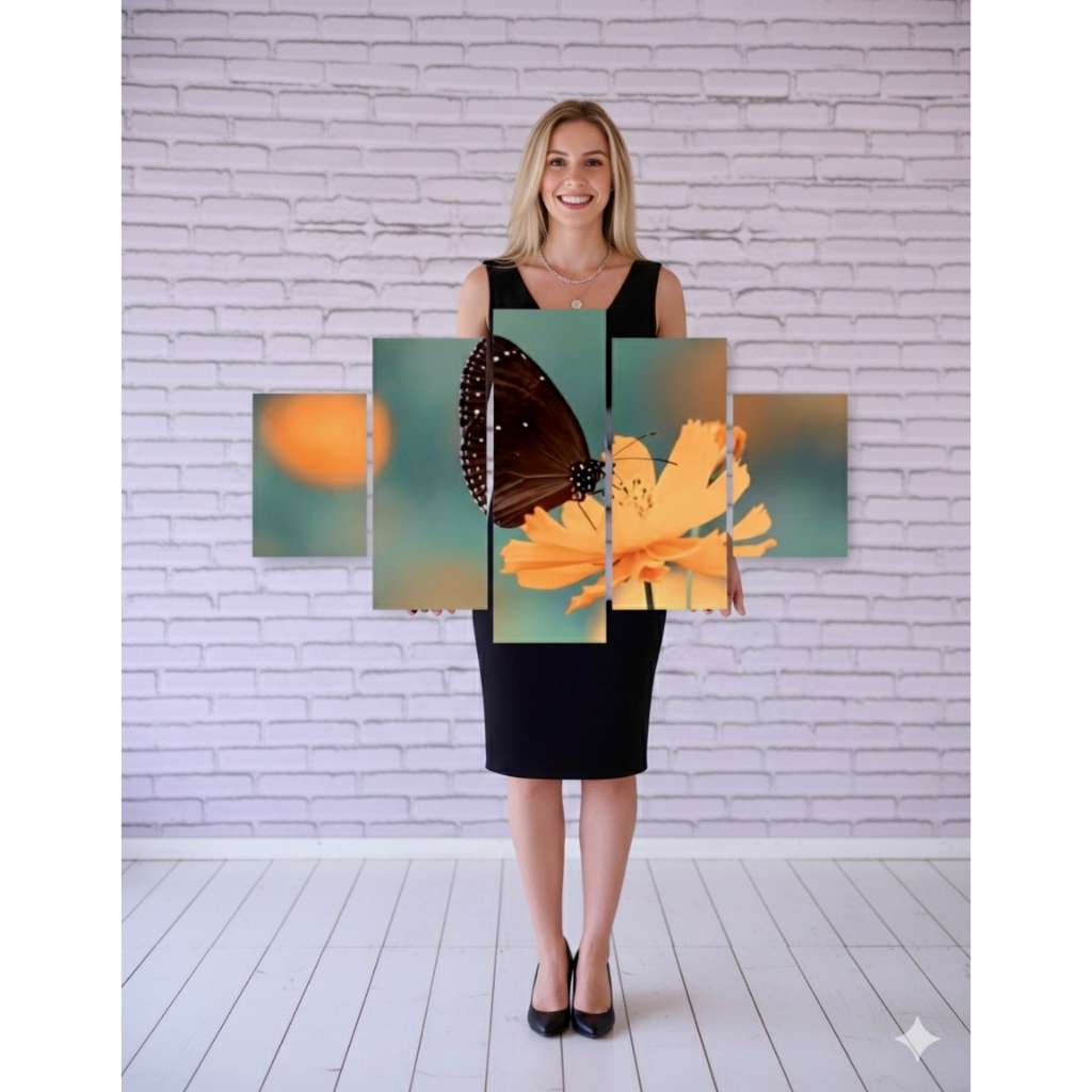 Quadro Decorativo para Sala Modelo 5 Peças Mosaico de Paisagem Borboleta em Cima de Flor