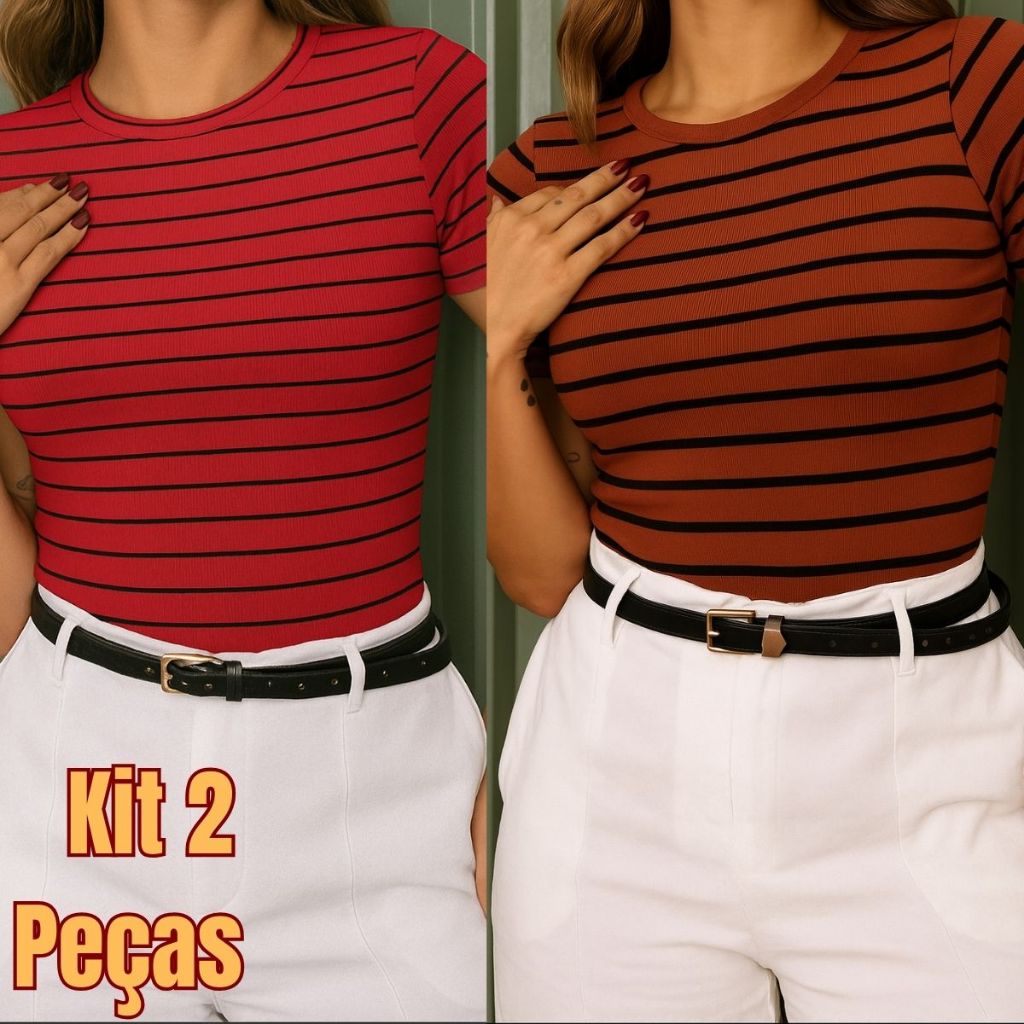 2 BLUSA MANGA CURTA Listradas Blusa Feminina – Slim Camiseta Baby look Tecido Canelada VÁRIAS CORES