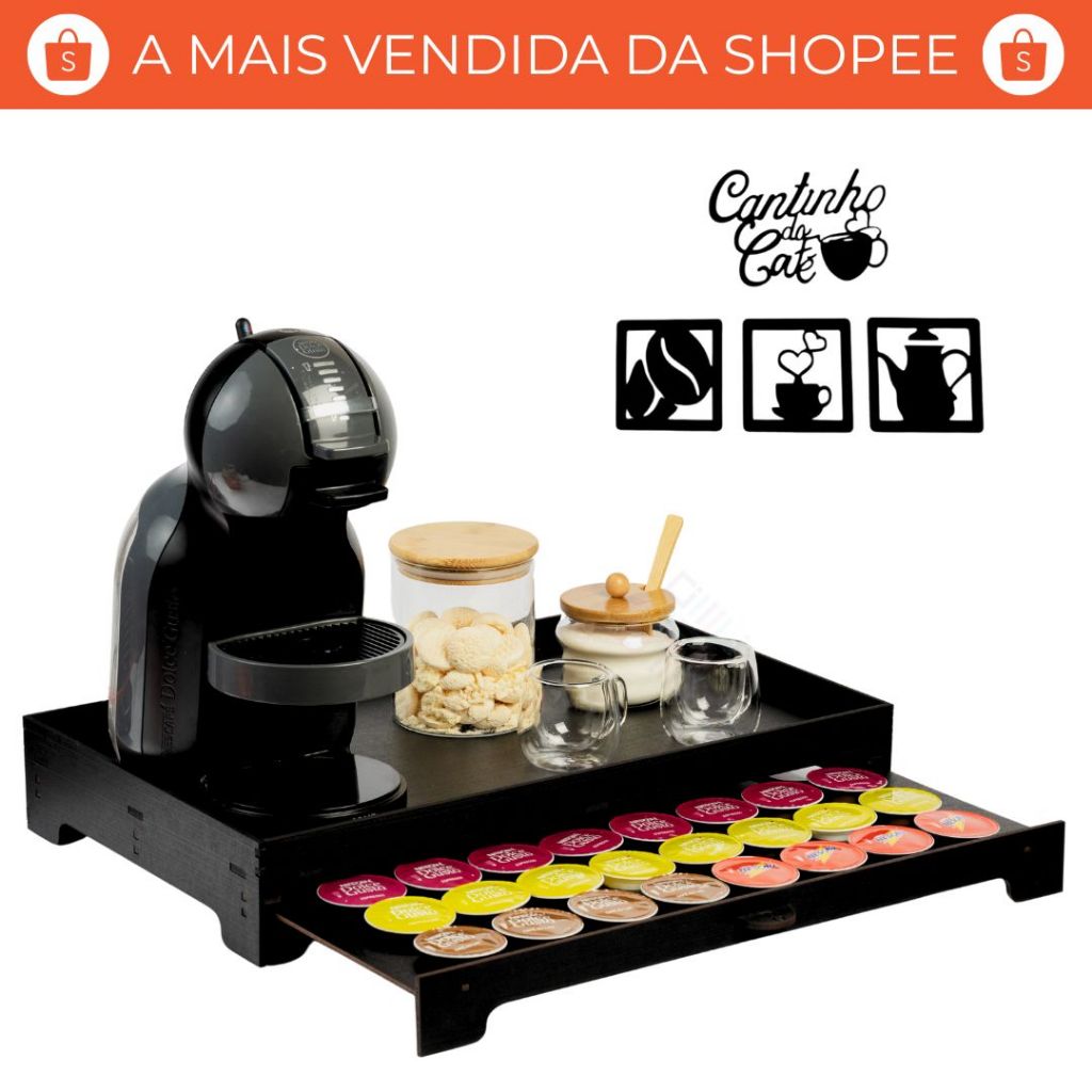 Bandeja Cantinho do Café com Gaveta 40 Cápsulas MDF Premium para Dolce Gusto, 3 Corações e Nespresso em Oferta na Shopee