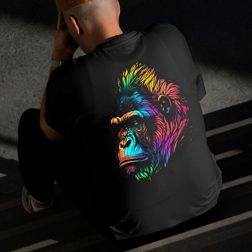 Camiseta Masculina Estampada Gorila Colorido 100% Algodão Estilo Conforto Diário Do Tamanho P ao GG