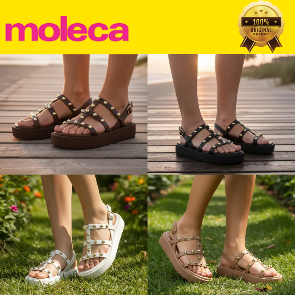 Sandália Moleca Feminina Plataforma Spikes Douradas Conforto Tratorada Confortável Original