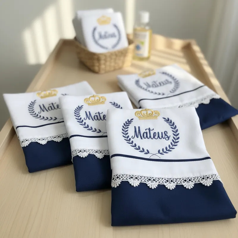 Kit 4 Fraldas de Boca Bordadas Personalizadas com Nome do Bebê – Tema Ramo Brasão Coroa Príncipe