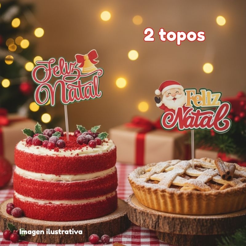 kit 2 Topo de bolo Feliz Natal papel fotografico 180g 2d papai noel sino