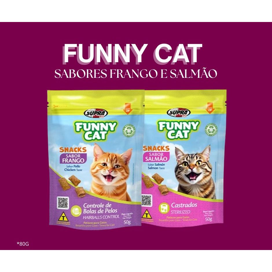 Petisco Bola de Pelo Funny Cat Premium – Petisco para Gatos Sabores Salmão e Frango 50g (Supra)