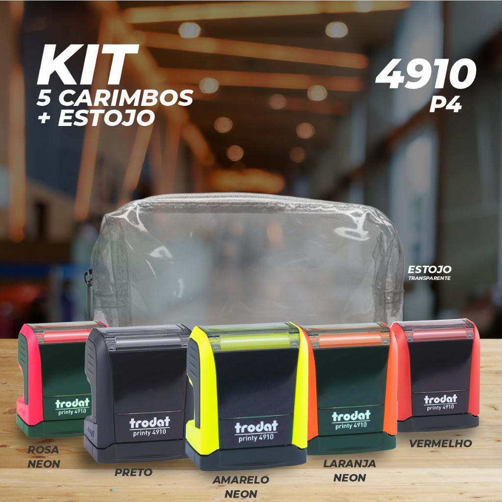 KIT CARIMBO 4910 P04 TRODAT-PRETO-VERMELHO-AMARELO NEON-ROSA NEON-LARANJA NEON+ESTOJO