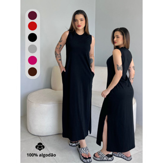 Vestido Feminino Longo Soltinho Tendência Moda Blogueira Casual Elegante Algodão em Oferta na Shopee