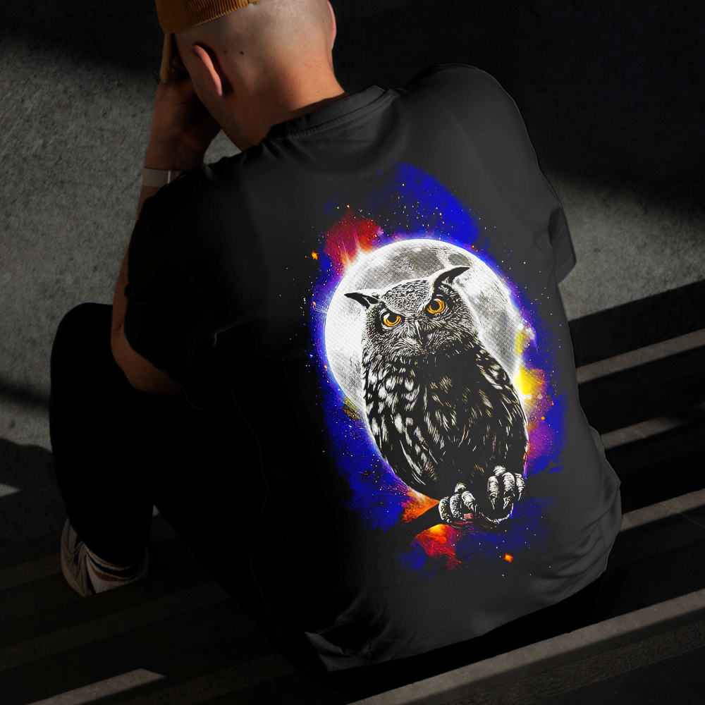Camiseta Masculina Estampada Coruja na Noite 100% Algodão Estilo Conforto Diário Do Tamanho P ao GG