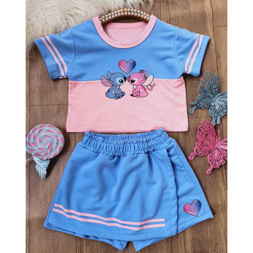 Conjunto Infantil Feminino Menina  Stitch Lilo Love  -  Cropped + Short Saia LANÇAMENTO verão em Oferta na Shopee