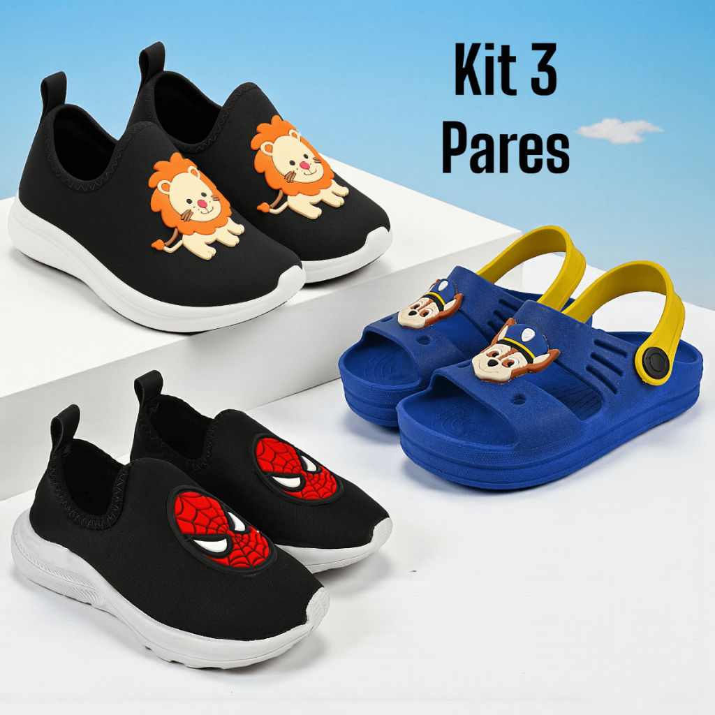 Kit 3 Pares Tênis Infantil Menino Confortável Desenhos Divertido e Sandália Babuche Macia Casual em Oferta na Shopee